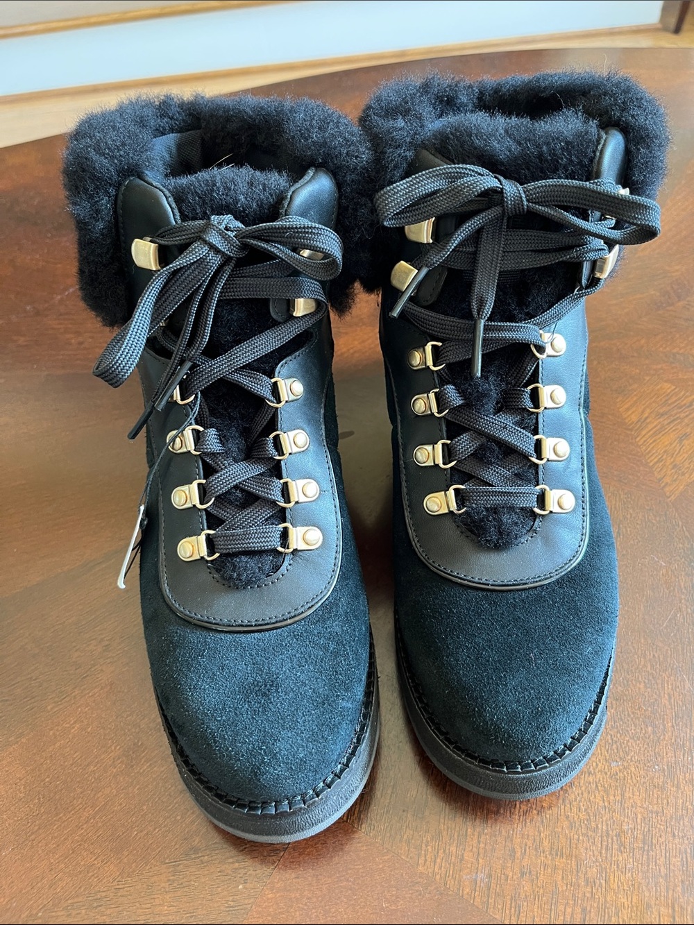 Cole Haan Black Suede Faux-Fur Lace-Up Winter Boots